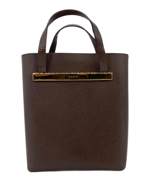 GUCCI（グッチ）GUCCI (グッチ) ゴールドプレートレザートートバッグ ブラウンの古着・服飾アイテム