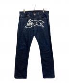 BILLIONAIRE BOYS CLUBビリオネアボーイズクラブ）の古着「フロントドッグプリント デニムパンツ」｜インディゴ