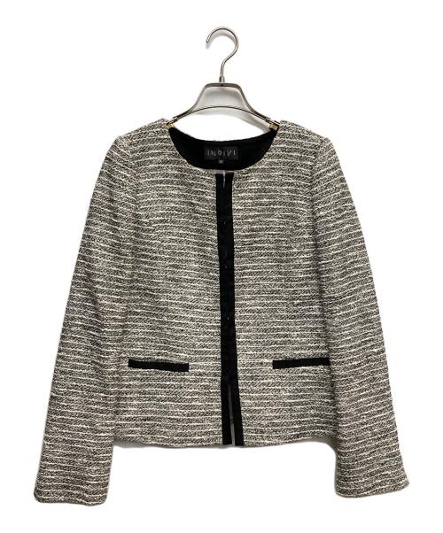 INDIVI（インディヴィ）INDIVI (インディヴィ) ノーカラーツイードジャケット ブラック サイズ:40の古着・服飾アイテム