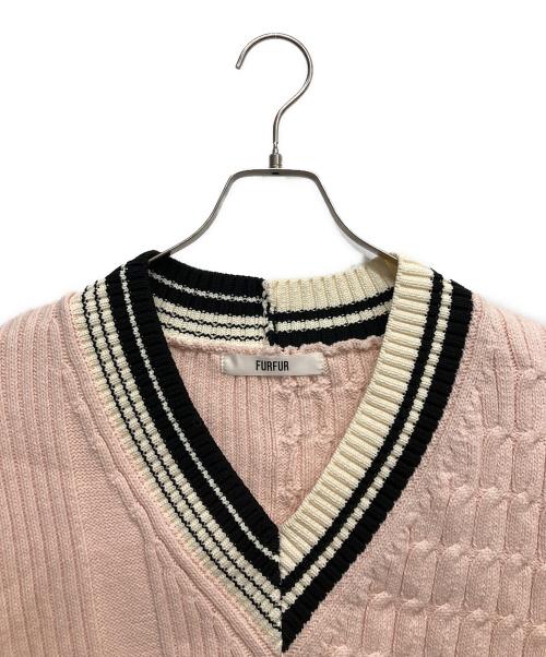 furfur（ファーファー）FURFUR (ファーファー) クロップドラインセーター ピンク サイズ:Fの古着・服飾アイテム