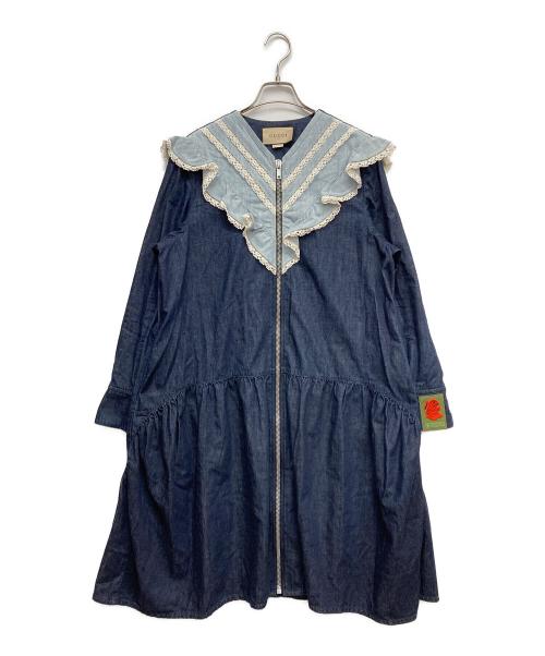 GUCCI（グッチ）GUCCI (グッチ) Lace-trimmed denim dress インディゴ サイズ:40の古着・服飾アイテム