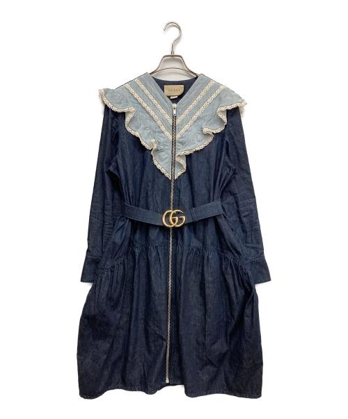 GUCCI（グッチ）GUCCI (グッチ) Lace-trimmed denim dress インディゴ サイズ:40の古着・服飾アイテム