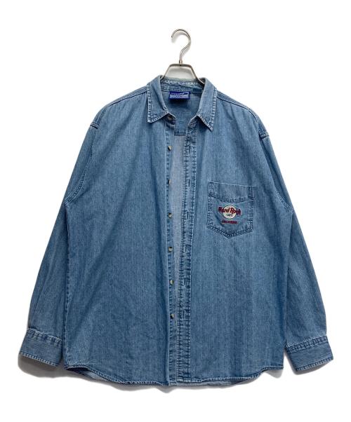 Hard Rock cafe（ハードロックカフェ）Hard Rock cafe (ハードロックカフェ) ロゴ刺繍デニムシャツ ブルー サイズ:Lの古着・服飾アイテム