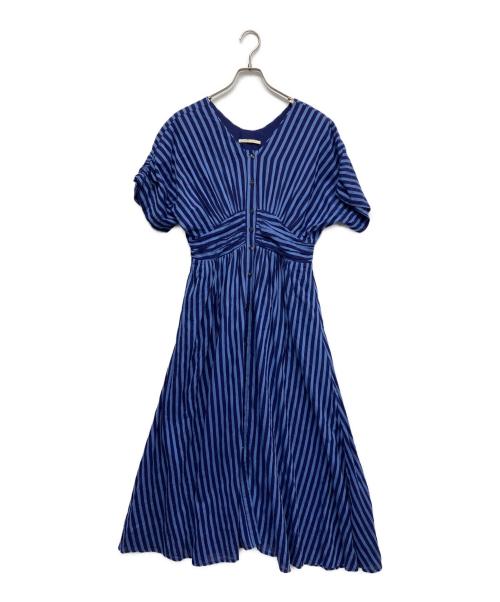 ne quittez pas（ヌキテパ）ne quittez pas (ヌキテパ) Cotton Voile Stripe Waist Gather Dress ブルー サイズ:Mの古着・服飾アイテム