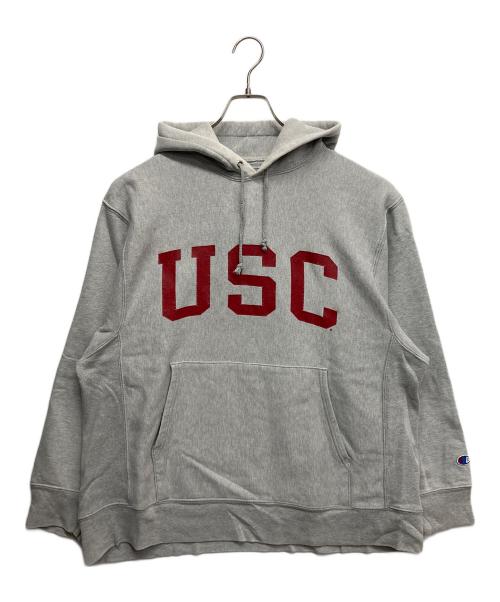 Champion（チャンピオン）Champion (チャンピオン) プリントリバースウィーブパーカー エンジ×ライトグレー サイズ:Lの古着・服飾アイテム