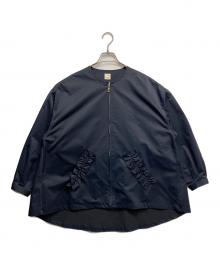 THREE SQUARE（スリースクエア）の古着「ノーカラーフリルジャケット」｜ネイビー