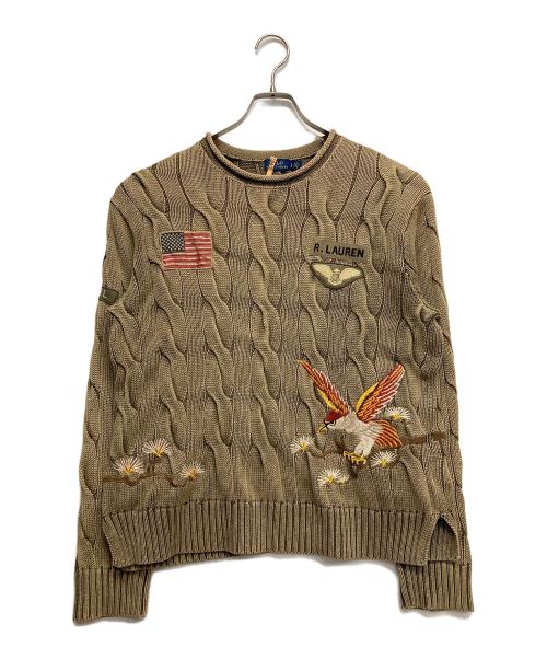 POLO RALPH LAUREN（ポロ・ラルフローレン）POLO RALPH LAUREN (ポロ・ラルフローレン) 星条旗イーグル刺繍ケーブルニット グリーン サイズ:Lの古着・服飾アイテム