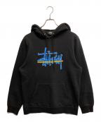 stussyステューシー）の古着「プリントプルオーバーパーカー」｜ブラック