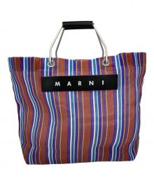 MARNI（マルニ）の古着「フラワーカフェーストライプトートバッグ」｜ブルー×ベージュ
