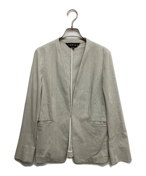INDIVI（インディヴィ）INDIVI (インディヴィ) 麻調ノーカラージャケット グリーン サイズ:38の古着・服飾アイテム