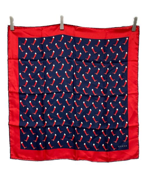 GUCCI（グッチ）GUCCI (グッチ) ブーツプリントシルクスカーフ レッド×ネイビーの古着・服飾アイテム