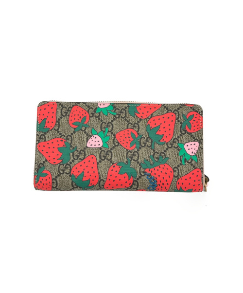 GUCCI（グッチ）GUCCI (グッチ) GGストロベリープリントラウンドジップウォレット レッド×ベージュ サイズ:下記参照 573865 7266の古着・服飾アイテム