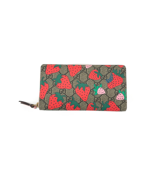 GUCCI（グッチ）GUCCI (グッチ) GGストロベリープリントラウンドジップウォレット レッド×ベージュ サイズ:下記参照 573865 7266の古着・服飾アイテム