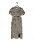 LeJaレジャ）の古着「ツイード柄ハイウエストソフトパフスリーブ半袖ドレスワンピース」｜ホワイト×ブラック