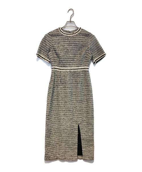 LeJa（レジャ）LeJa (レジャ) ツイード柄ハイウエストソフトパフスリーブ半袖ドレスワンピース ホワイト×ブラック サイズ:FREEの古着・服飾アイテム