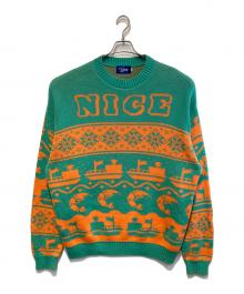 KEBOZ×ALL GOOD STORE（ケボズ）の古着「総柄ニット」｜グリーン×オレンジ