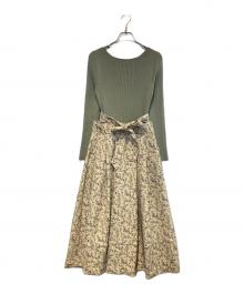 eimy istoire（エイミーイストワール）の古着「フラワープリントジャガードドッキングワンピース」｜カーキ×ベージュ