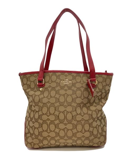 COACH（コーチ）COACH (コーチ) シグネチャーキャンバストートバッグ ベージュ×レッドの古着・服飾アイテム