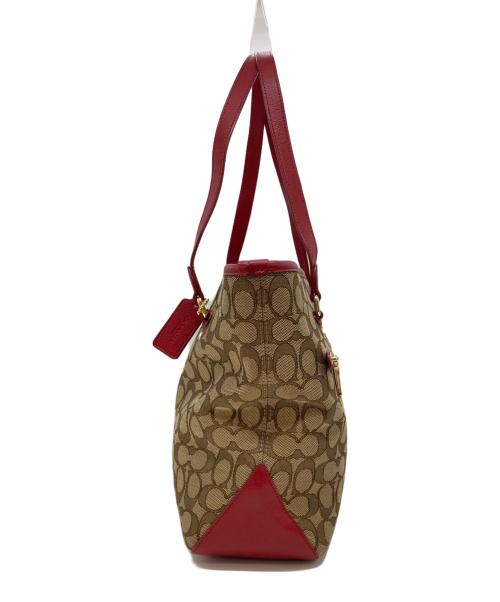 COACH（コーチ）COACH (コーチ) シグネチャーキャンバストートバッグ ベージュ×レッドの古着・服飾アイテム