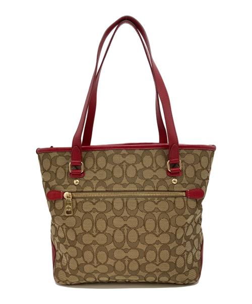 COACH（コーチ）COACH (コーチ) シグネチャーキャンバストートバッグ ベージュ×レッドの古着・服飾アイテム