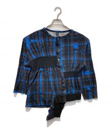 Y's（ワイズ）の古着「TWISTED CHECK DESIGN GATHER BLOUSE」｜ブラック