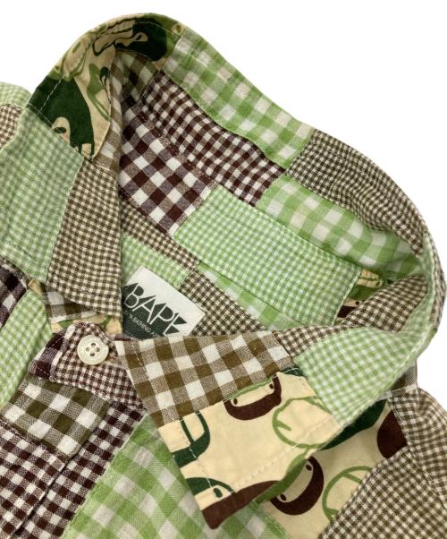 A BATHING APE（ア ベイシング エイプ）A BATHING APE (ア ベイシング エイプ) パッチワークチェックシャツ グリーン×ブラウン サイズ:Lの古着・服飾アイテム