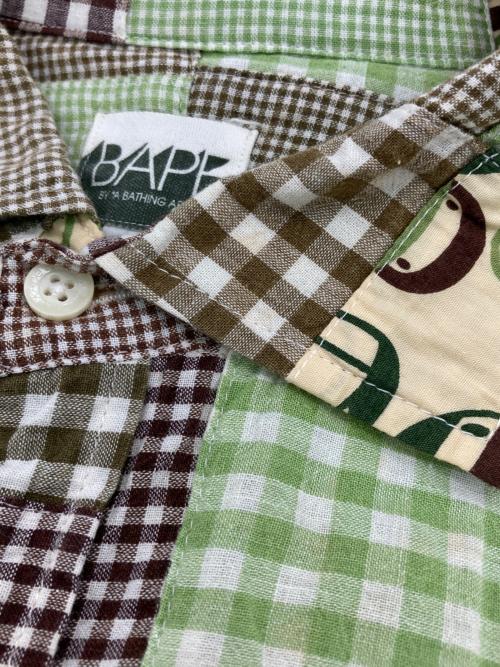 A BATHING APE（ア ベイシング エイプ）A BATHING APE (ア ベイシング エイプ) パッチワークチェックシャツ グリーン×ブラウン サイズ:Lの古着・服飾アイテム