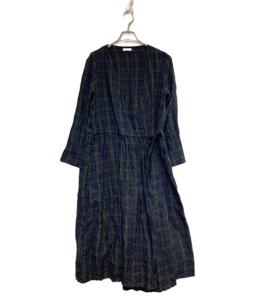 fog linen work（フォグリネンワーク）fog linen work (フォグリネンワーク) リネンギャザーワンピース ネイビー×グリーン サイズ:FREEの古着・服飾アイテム