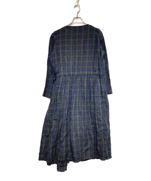 fog linen work（フォグリネンワーク）fog linen work (フォグリネンワーク) リネンギャザーワンピース ネイビー×グリーン サイズ:FREEの古着・服飾アイテム