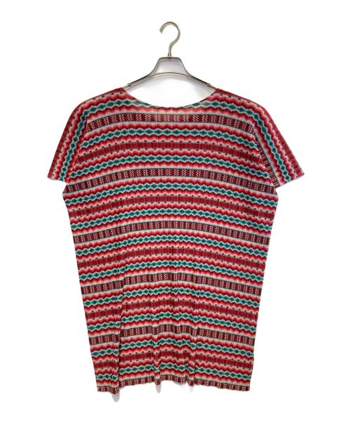 ISSEY MIYAKE（イッセイミヤケ）ISSEY MIYAKE (イッセイミヤケ) S/Sプリーツチュニック レッド×グリーン サイズ:3の古着・服飾アイテム