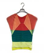 ISSEY MIYAKEイッセイミヤケ）の古着「ノースリーブプリーツカットソー」｜グリーン×オレンジ