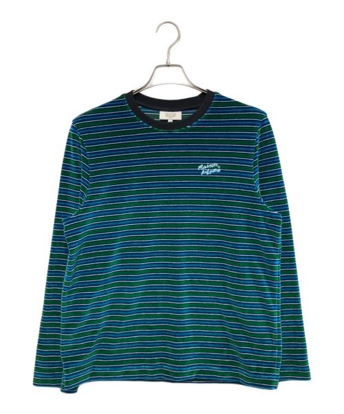 maison kitsune（メゾンキツネ）maison kitsune (メゾンキツネ) STRIPED VELVET LONG SLEEVES TEE-SHIRT ブルー×グリーン サイズ:Mの古着・服飾アイテム