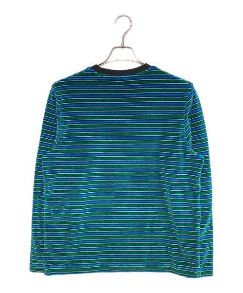 maison kitsune（メゾンキツネ）maison kitsune (メゾンキツネ) STRIPED VELVET LONG SLEEVES TEE-SHIRT ブルー×グリーン サイズ:Mの古着・服飾アイテム