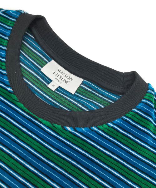 maison kitsune（メゾンキツネ）maison kitsune (メゾンキツネ) STRIPED VELVET LONG SLEEVES TEE-SHIRT ブルー×グリーン サイズ:Mの古着・服飾アイテム