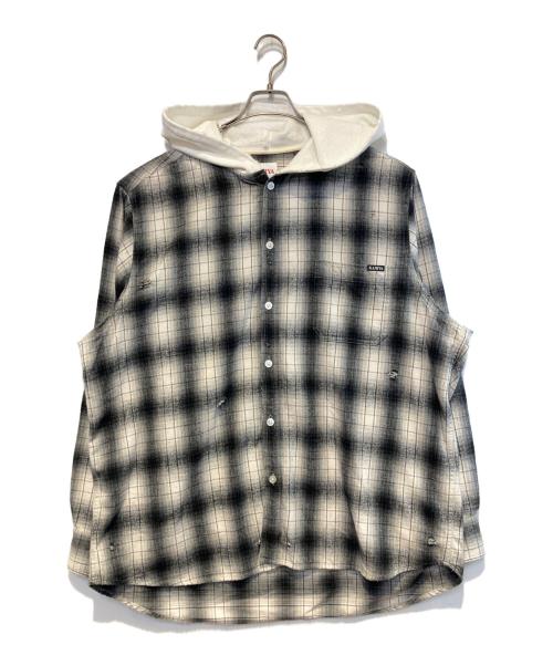 KAMIYA（カミヤ）KAMIYA (カミヤ) Distressed Hooded Check Shirts ブラック×ホワイト サイズ:Sの古着・服飾アイテム