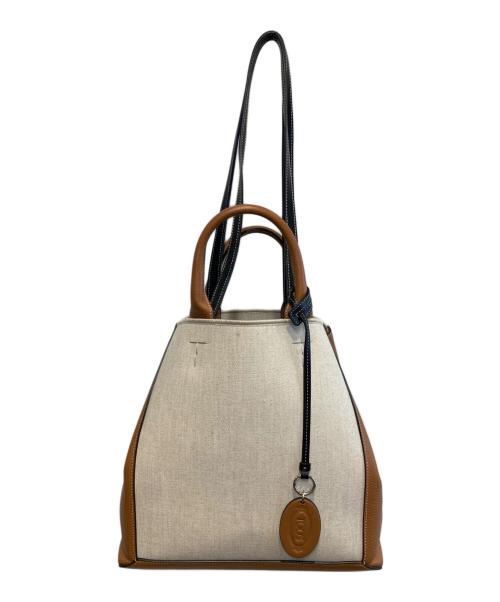 TOD'S（トッズ）TOD'S (トッズ) ダブルアップレザー＆キャンバストートバッグ ミディアム ベージュの古着・服飾アイテム