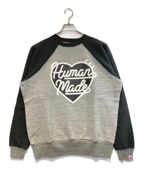 HUMAN MADE（ヒューマンメイド）HUMAN MADE (ヒューマンメイド) ハートロゴ2トーンラグランスウェットシャツ グレー×ブラック サイズ:XLの古着・服飾アイテム