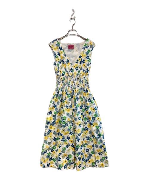 Kate Spade（ケイトスペード）Kate Spade (ケイトスペード) フラワープリントシャーリングワンピース ホワイト×イエロー サイズ:Mの古着・服飾アイテム