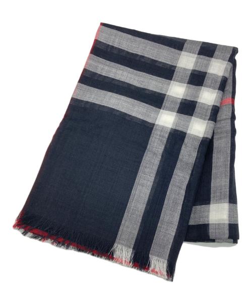 BURBERRY（バーバリー）BURBERRY (バーバリー) ジャイアントチェックウールシルク大判スカーフ ネイビー サイズ:220×70CMの古着・服飾アイテム