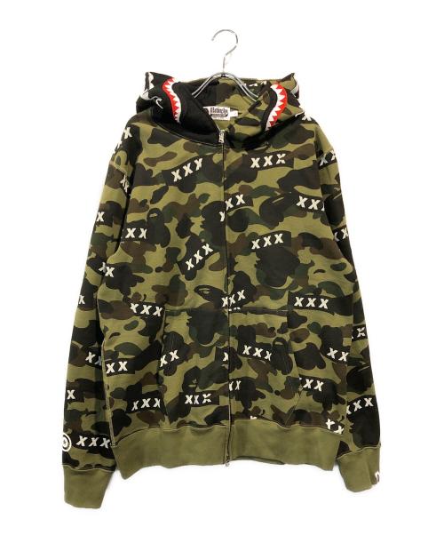 A BATHING APE（ア ベイシング エイプ）A BATHING APE (アベイシングエイプ) GOD SELECTION XXX (ゴッドセレクショントリプルエックス) SHARK FULL ZIP HOODIE カーキ サイズ:Lの古着・服飾アイテム