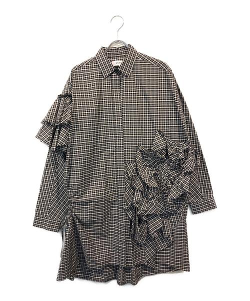 ENFOLD（エンフォルド）ENFOLD (エンフォルド) アシンメトリー フリル ロングシャツ ブラック×ホワイト サイズ:38の古着・服飾アイテム