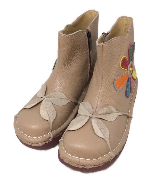 estacion（エスタシオ）estacion (エスタシオ) カラフルフラワー本革ショートブーツ ベージュ サイズ:Lの古着・服飾アイテム