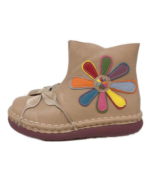 estacion（エスタシオ）estacion (エスタシオ) カラフルフラワー本革ショートブーツ ベージュ サイズ:Lの古着・服飾アイテム