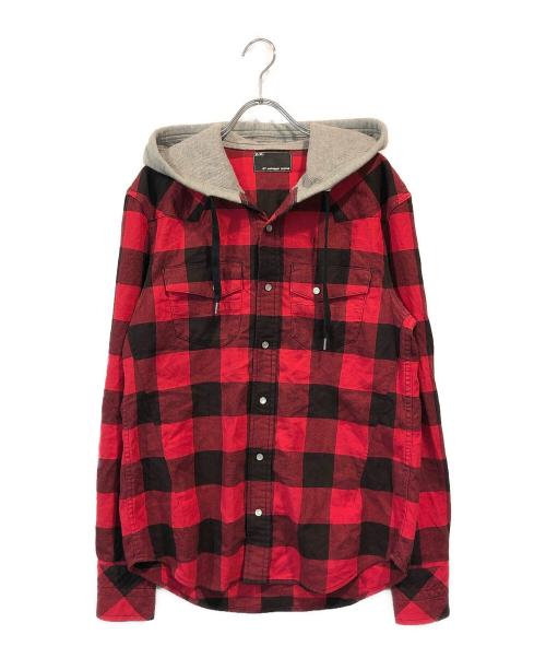 n(n) by NUMBER (N)INE（エヌエヌバイナンバーナイン）n(n) by NUMBER (N)INE (エヌエヌバイナンバーナイン) フード付バッファローチェックシャツ レッド サイズ:SIZE3の古着・服飾アイテム