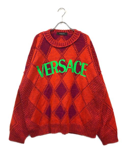 VERSACE（ヴェルサーチェ）VERSACE (ヴェルサーチェ) ロゴプリントアーガイルニット レッド×パープル サイズ:SIZE 48の古着・服飾アイテム