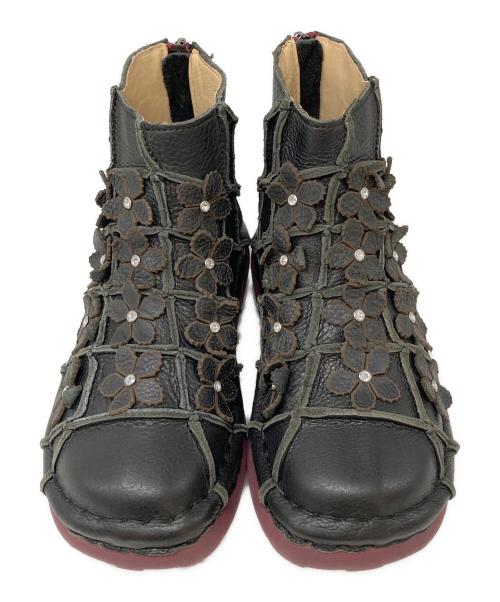 estacion（エスタシオ）estacion (エスタシオ) フラワーモチーフ本革レザーブーツ ブラック サイズ:Sの古着・服飾アイテム