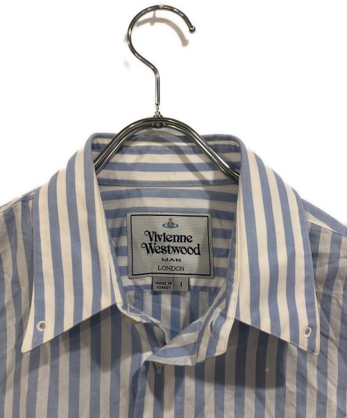 Vivienne Westwood man（ヴィヴィアン ウェストウッド マン）Vivienne Westwood man (ヴィヴィアン ウェストウッド マン) オーブ刺繍ストライプシャツ ブルー サイズ:SIZE 1の古着・服飾アイテム