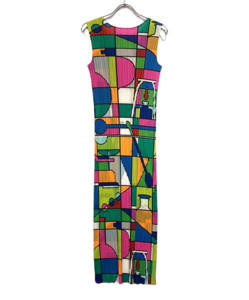PLEATS PLEASE（プリーツプリーズ）PLEATS PLEASE (プリーツプリーズ) 総柄ノースリーブプリーツワンピース マルチカラー サイズ:SIZE 34の古着・服飾アイテム