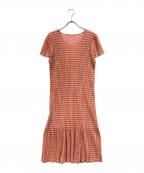 PLEATS PLEASEプリーツプリーズ）の古着「総柄半袖プリーツワンピース」｜ピンク×ブラウン