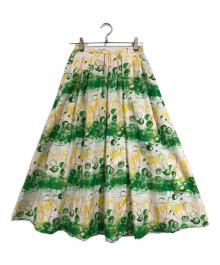 HERALBONY（ヘラルボニー）の古着「フレアスカート「タイトル不明」」｜グリーン×ホワイト